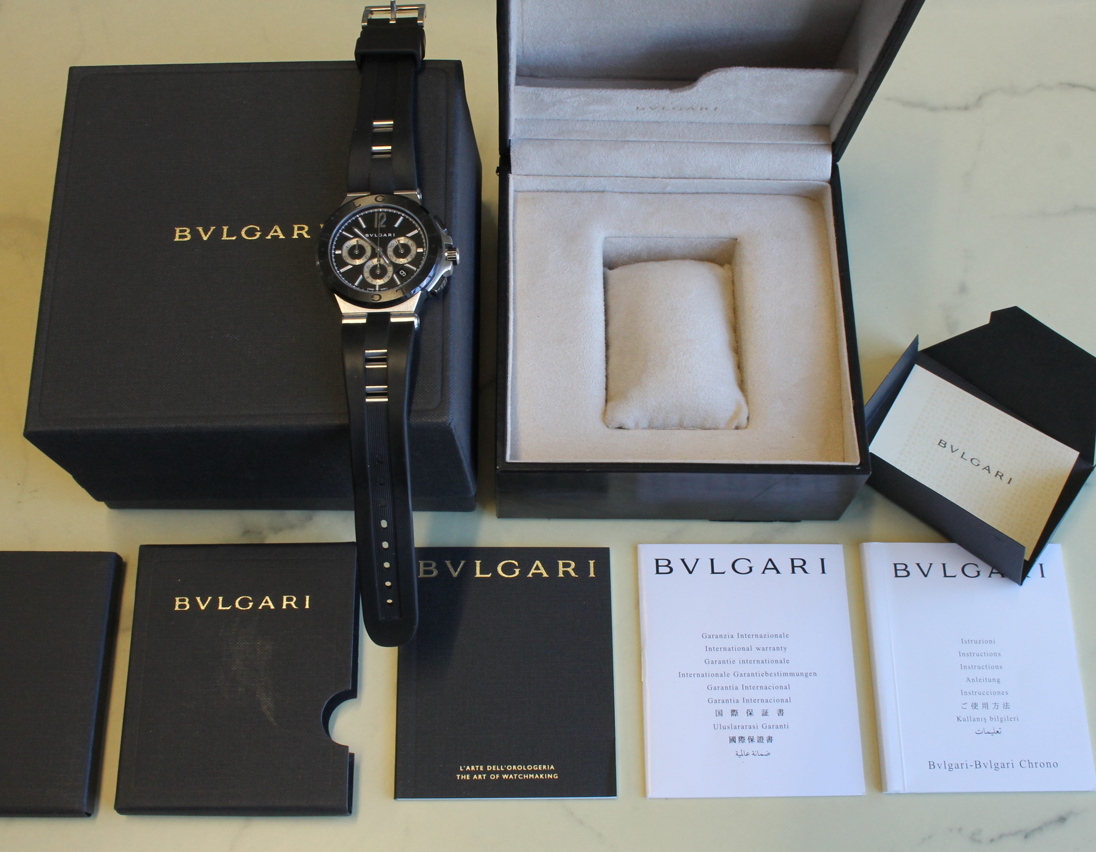 Dark Gray Bvlgari Diagono Mens 42mm Steel Automatic Chronograph Watch Box Card Manuals