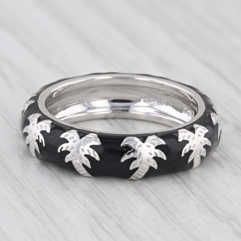 Hidalgo Palm Tree Stackable Ring 18k White Gold Black Enamel Band