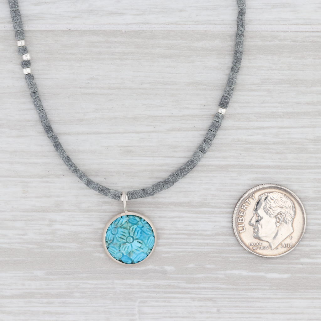 New Nina Wynn Flower Turquoise Pendant Coral Bead Necklace Sterling Silver