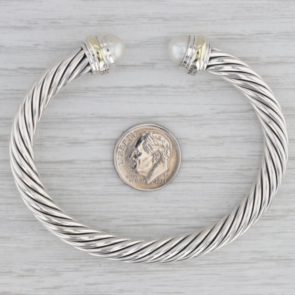 Gray David Yurman Cultured Pearl Classic Cable Cuff Bracelet Sterling Silver 7mm 7"
