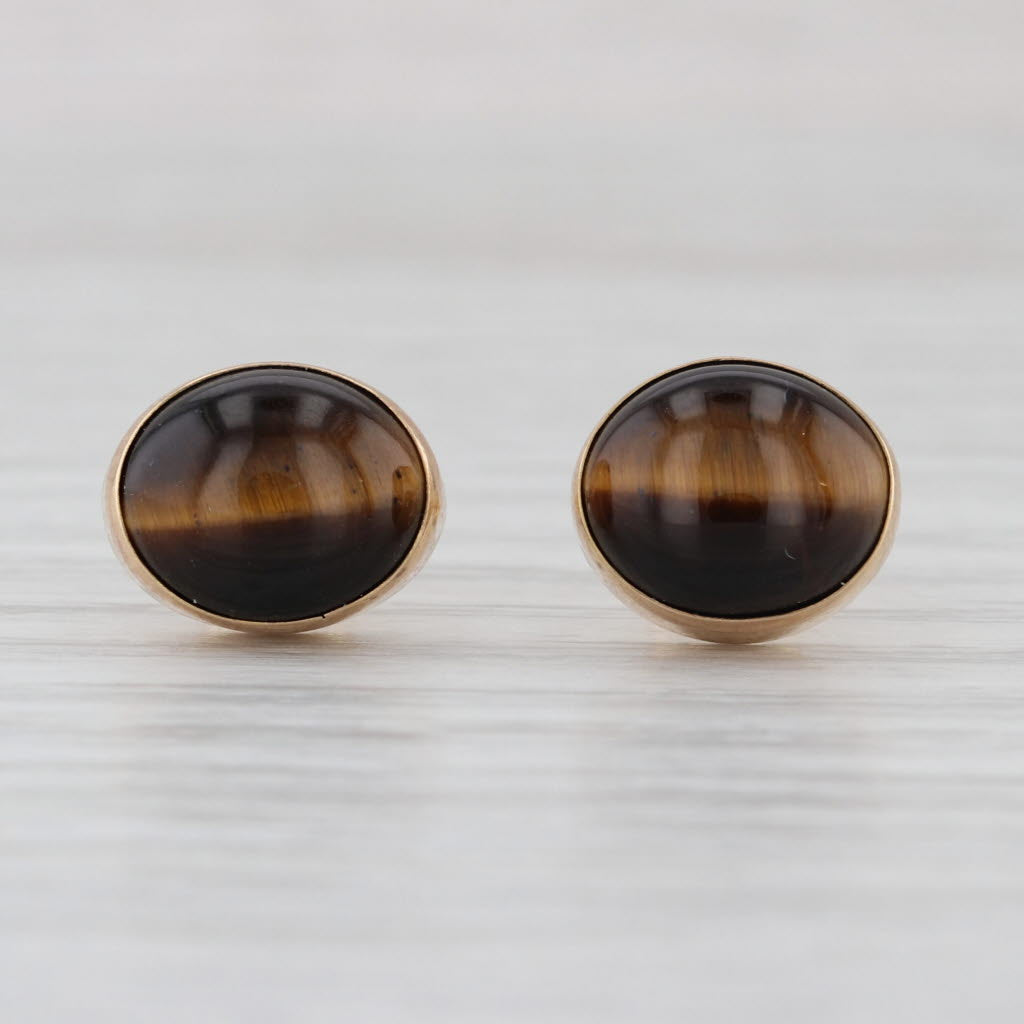 Tiger's Eye Oval Cabochon Solitaire Stud Earrings 14k Yellow Gold