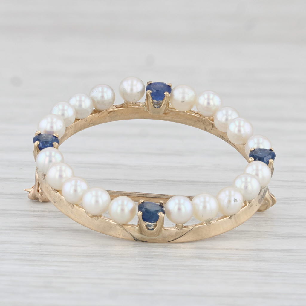 Light Gray Vintage Cultured Pearl 0.60ctw Sapphire Circle Brooch 14k Yellow Gold Pin