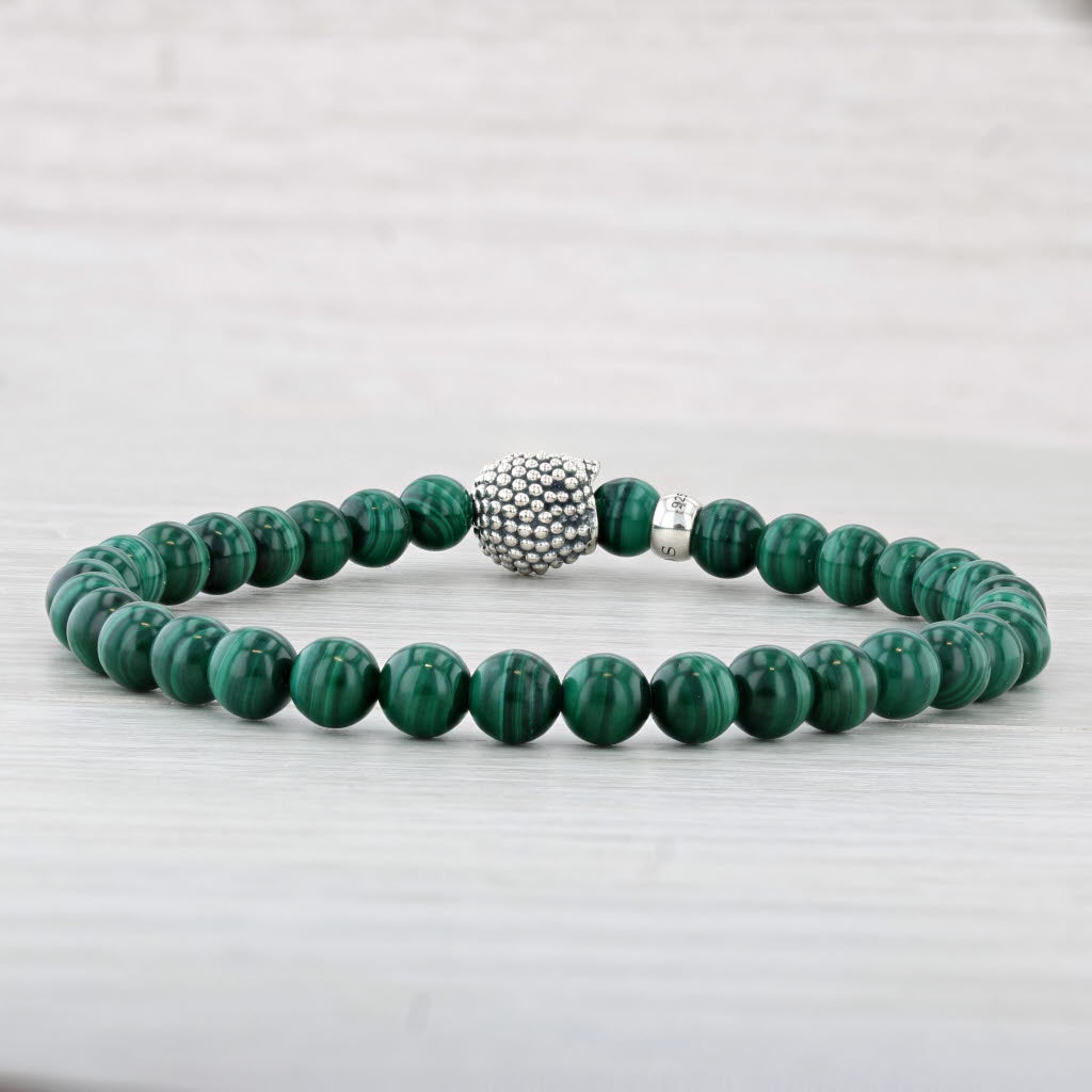 New Lagos Caviar Malachite Skull Bead Bracelet Pouch Sterling Silver 05-81388-W8
