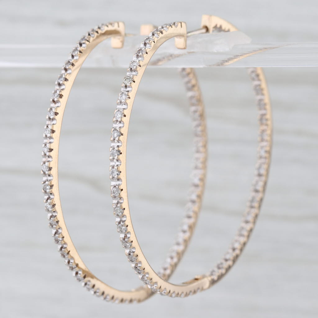 0.96ctw Diamond Inside Out Large Hoop Earrings 14k Yellow Gold Snap Top Hoops