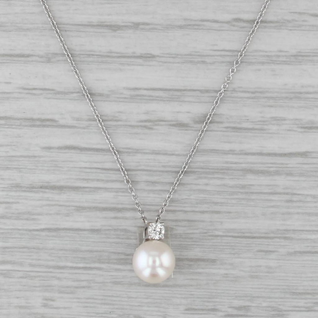 Tiffany Akoya Cultured Pearl Diamond Pendant Necklace w/ Pouch 18k Gold 16"