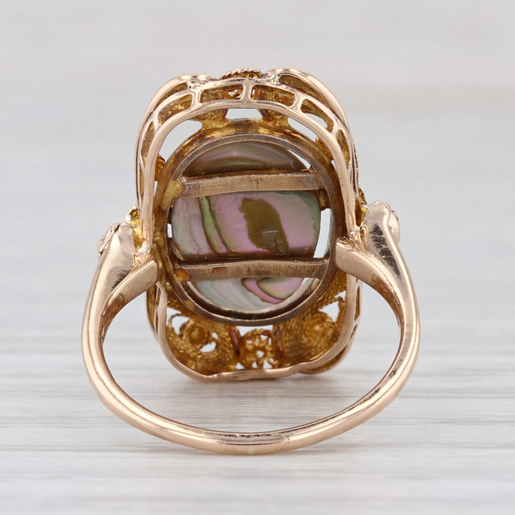 Antique Mother of Pearl Abalone Ring 9k Gold Ornate Filigree Size 4