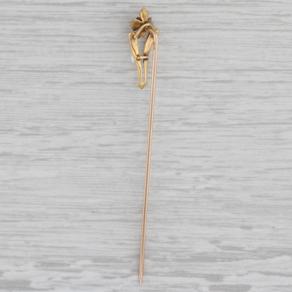 Gray Antique Lab Created Sapphire Pearl Flower Stickpin 10k Yellow Gold Floral
