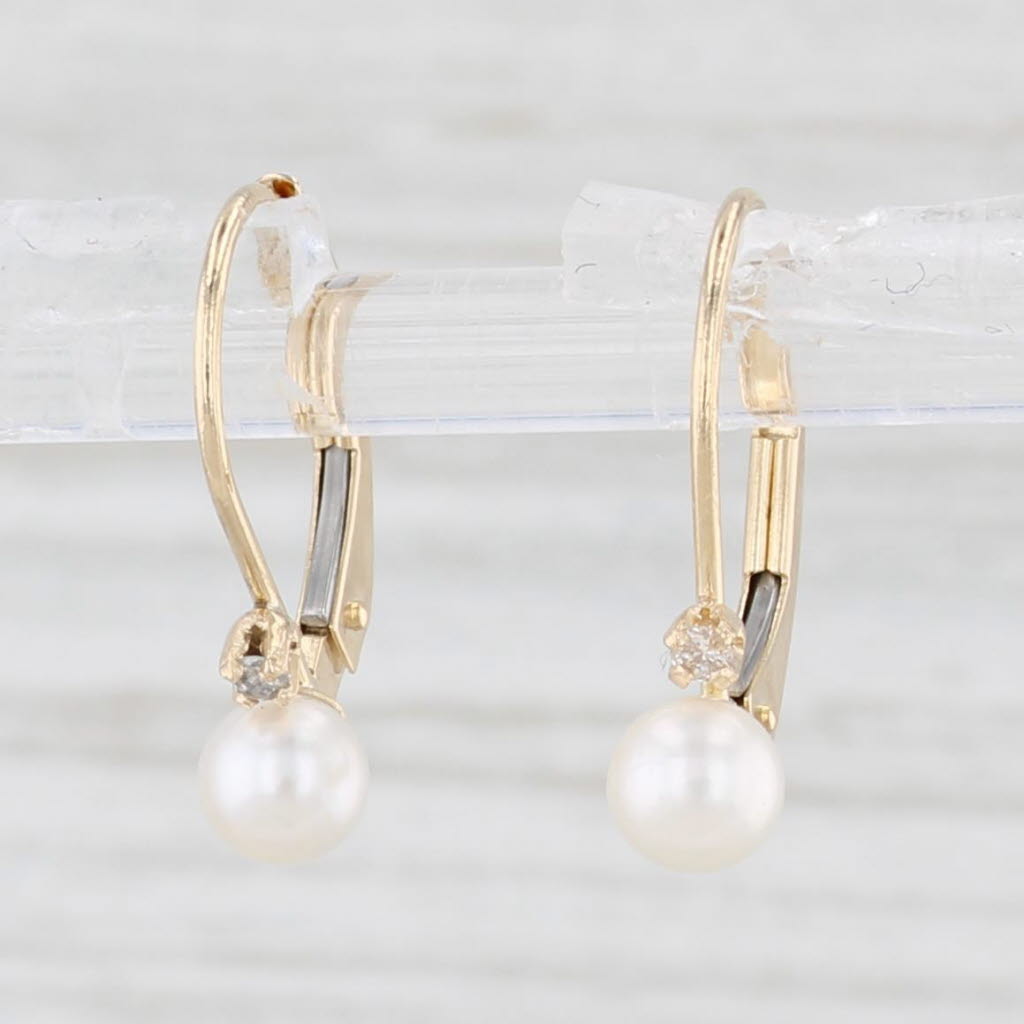 Light Gray Cultured Pearl Dangle Earrings 14k Yellow Gold Diamond Accents