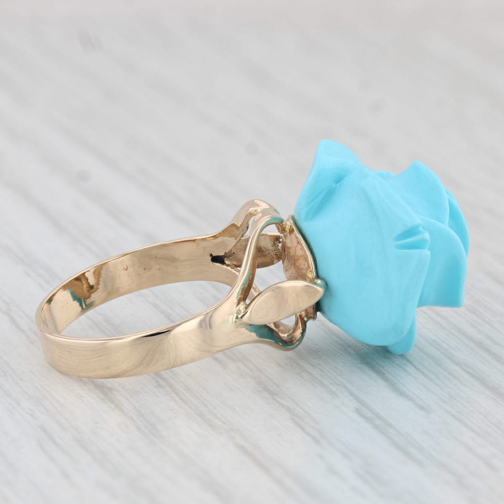 Light Gray Imitation Carved Turquoise Flower Ring 14k Yellow Gold Size 7.5 Statement