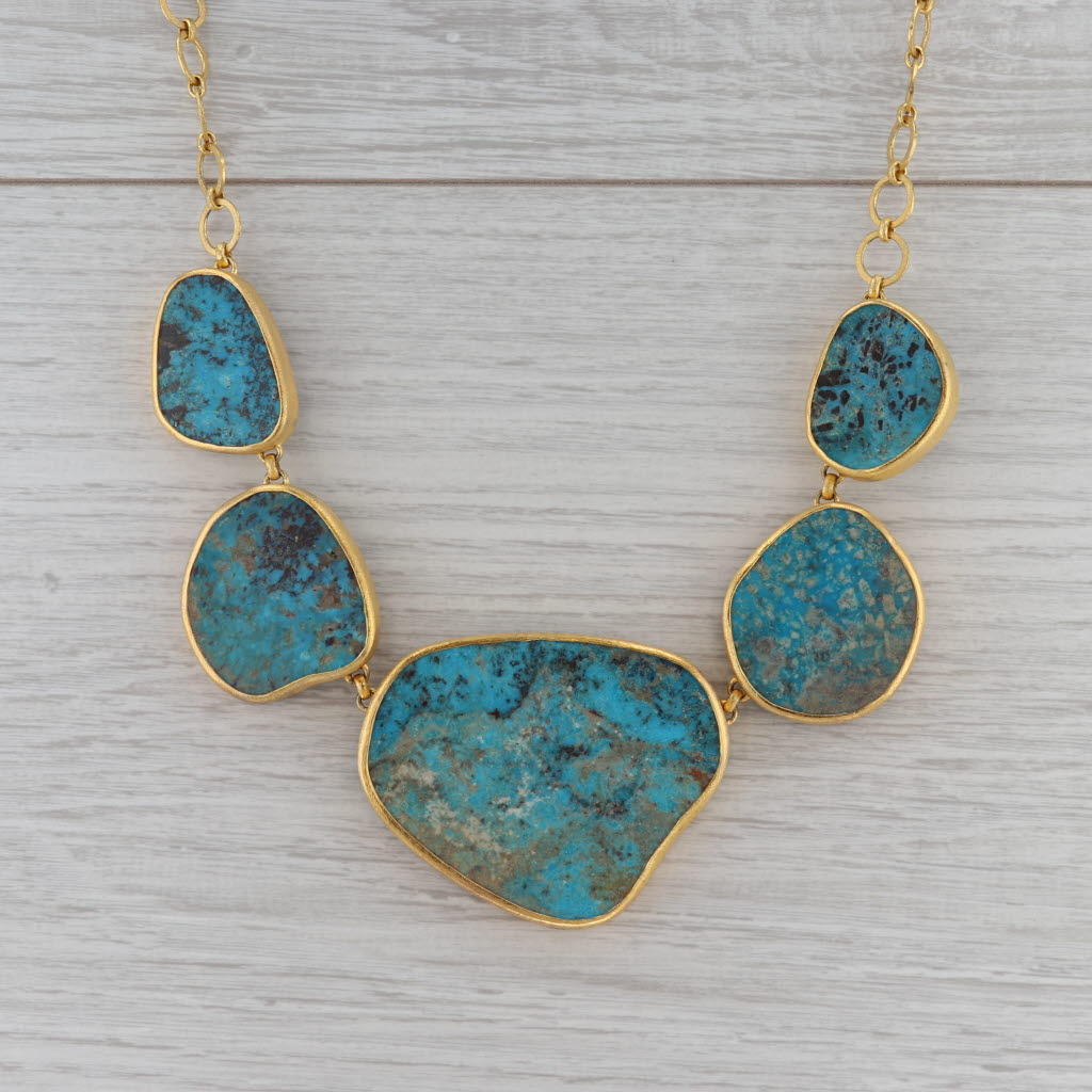 New Nina Wynn Turquoise Statement Necklace Sterling Gold Vermeil 20"