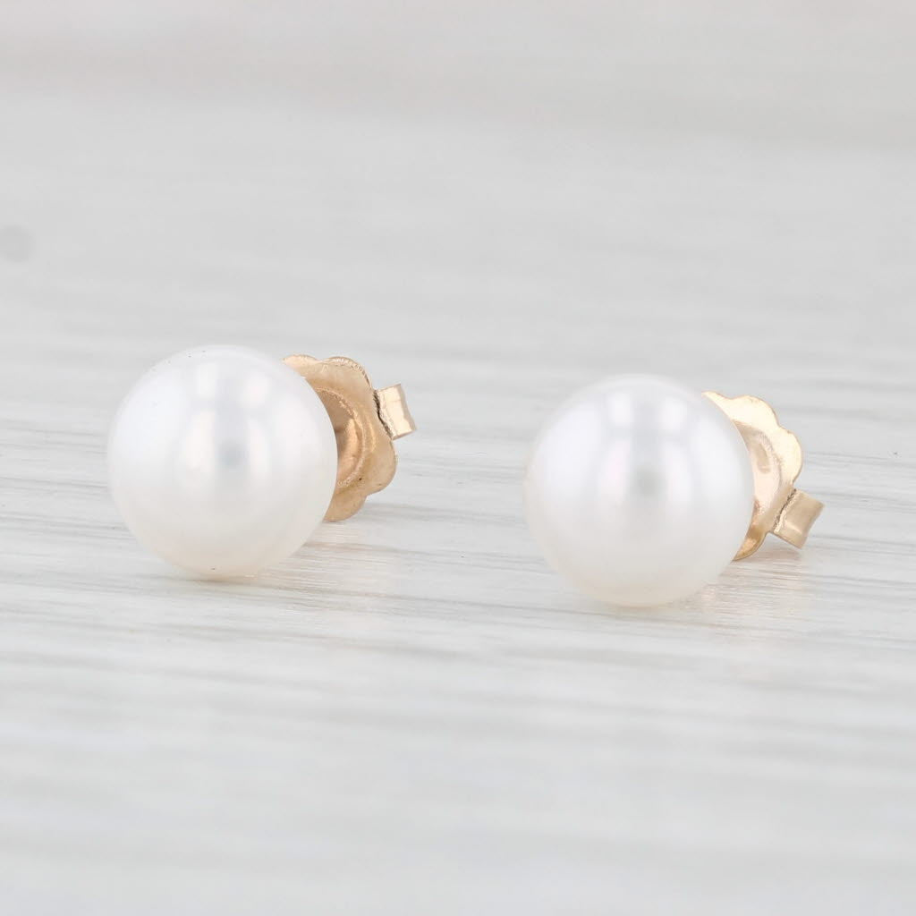 Light Gray Cultured Pearl Stud Earrings 10k Yellow Gold Round Button Solitaires