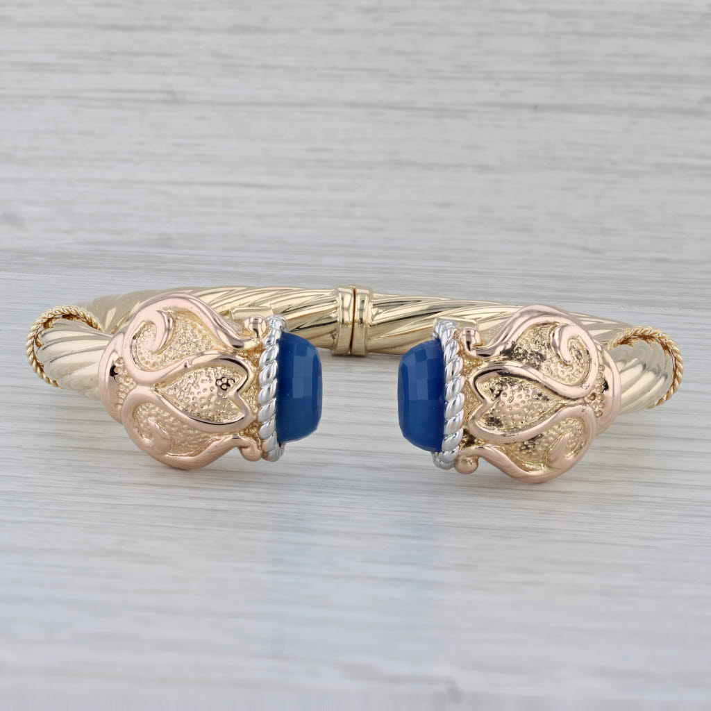 Gray Blue Chalcedony Hinged Cuff Bracelet 14k Yellow Gold Ornate Italian