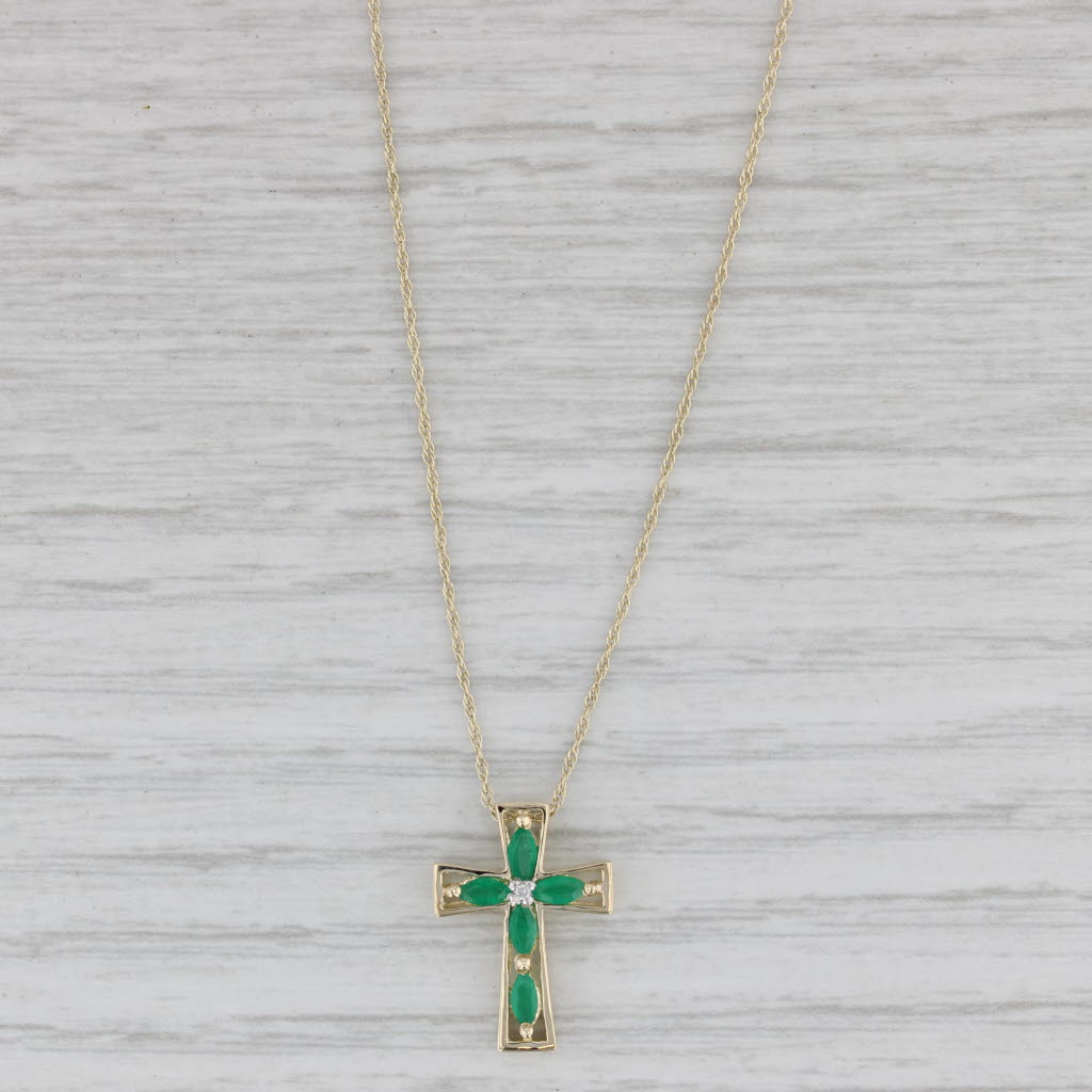 Gray 0.38ctw Emerald Diamond Cross Pendant Necklace 10k Yellow Gold 18" Rope Chain