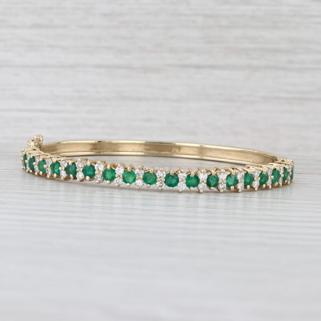 3ctw Emerald Diamond Bangle Bracelet 14k Yellow Gold Hinged 6.5"