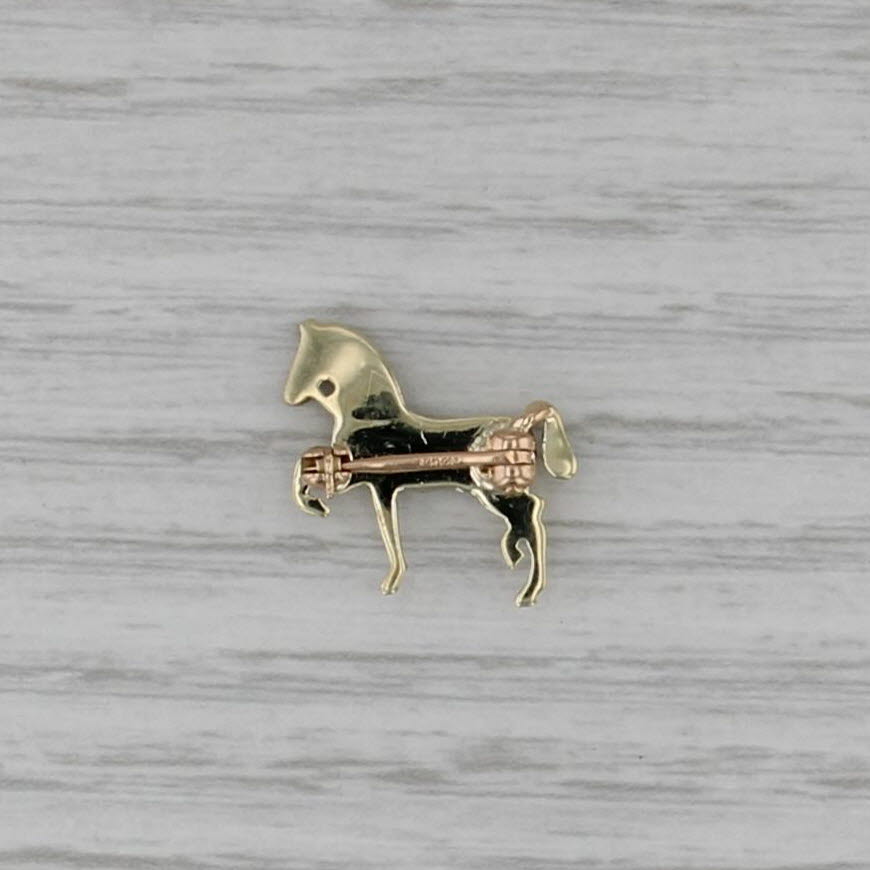 Vintage Seed Pearl Enamel Small Trotting Horse Pin 14k Yellow Gold