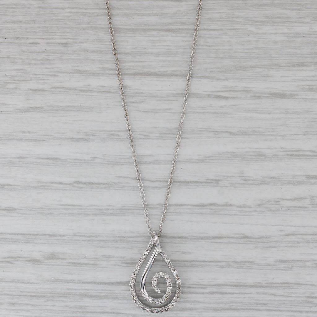 Gray Diamond Swirl Teardrop Pendant 14k White Gold 18.5" Rope Chain