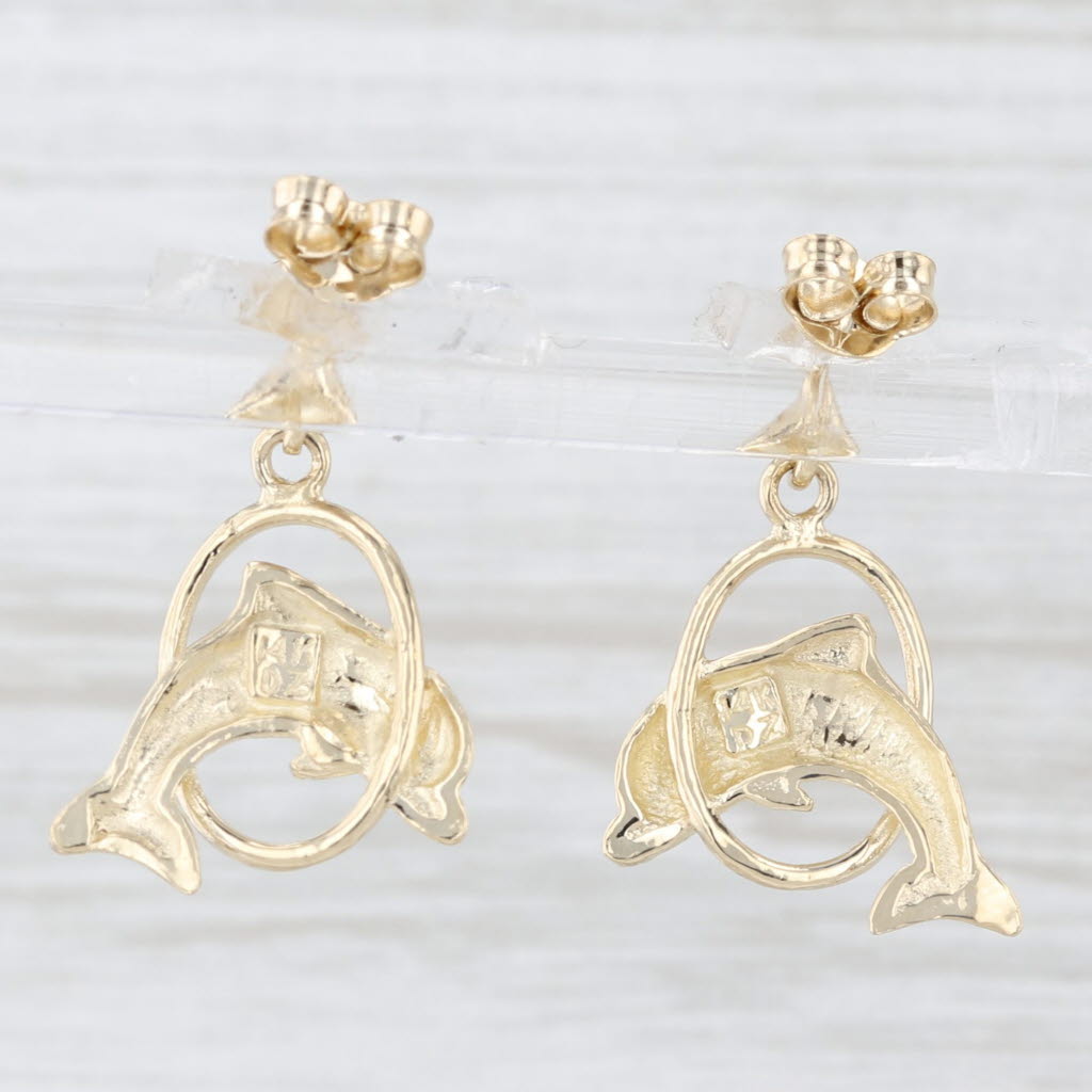 Light Gray Dolphin Jumping Through Hoop Dangle Earrings 14k Yellow Gold Pierced Drops