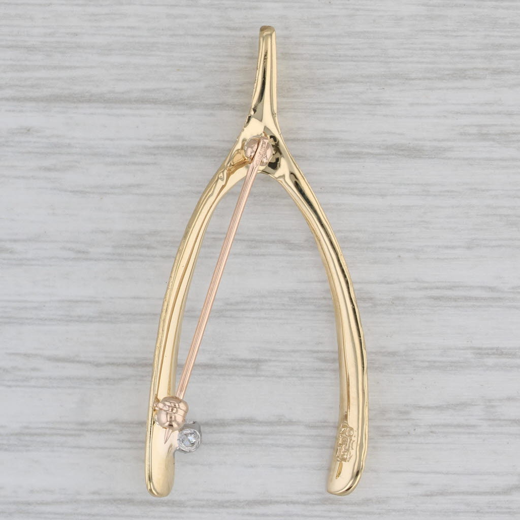 Gray Diamond Wishbone Brooch 18k Yellow Gold Diamond Pin Good Luck