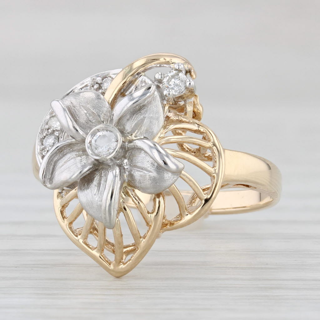 Light Gray 0.11ctw Diamond Flower Ring 14k White Yellow Gold Size 7.5