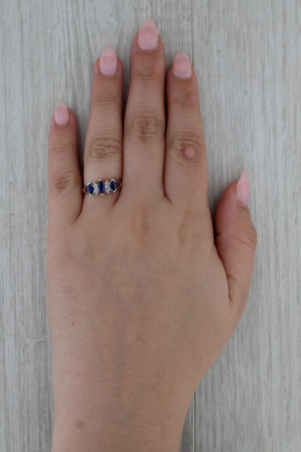 0.68ctw Lab Created Sapphires Diamond 3-Stone Ring 10k White Gold Size 7.25