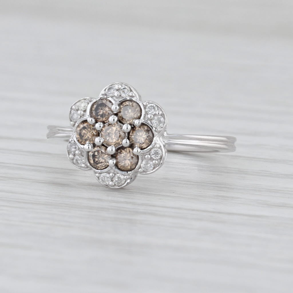0.40ctw Champagne Diamond Flower Ring 10k Whtie Gold Size 5