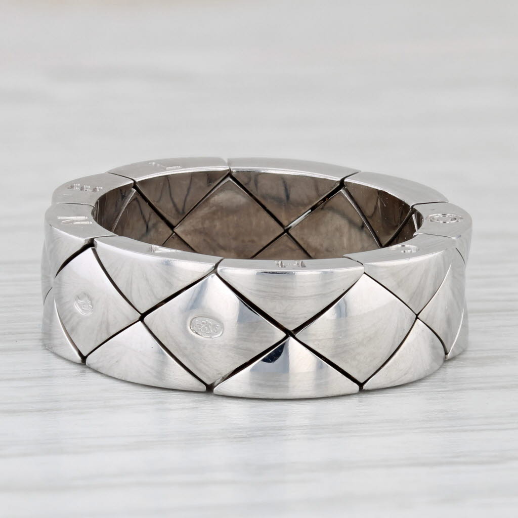 Light Gray Chanel Matelasse Quilted Coco Crush Mesh Band Ring 18k White Gold Size 9.25