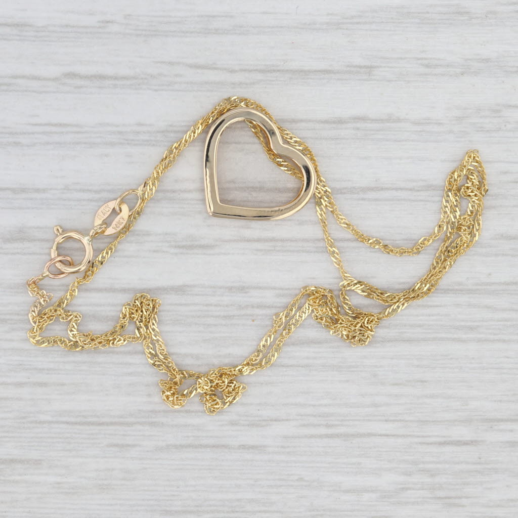 Open Heart Floating Pendant Necklace 14k Yellow Gold 18" Singapore Chain