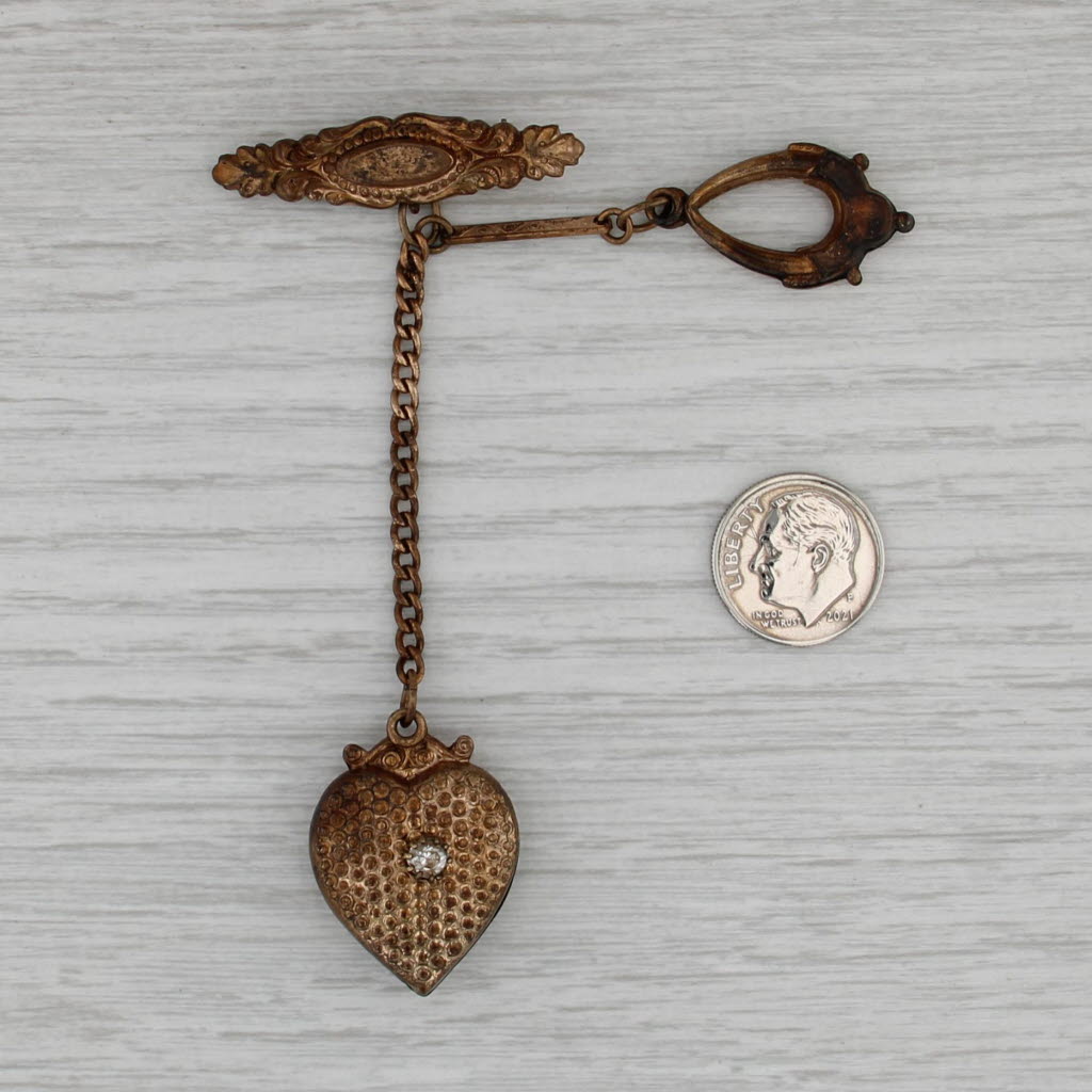 Antique Ornate Brooch w/ Charms Glass Accented Heart Pin