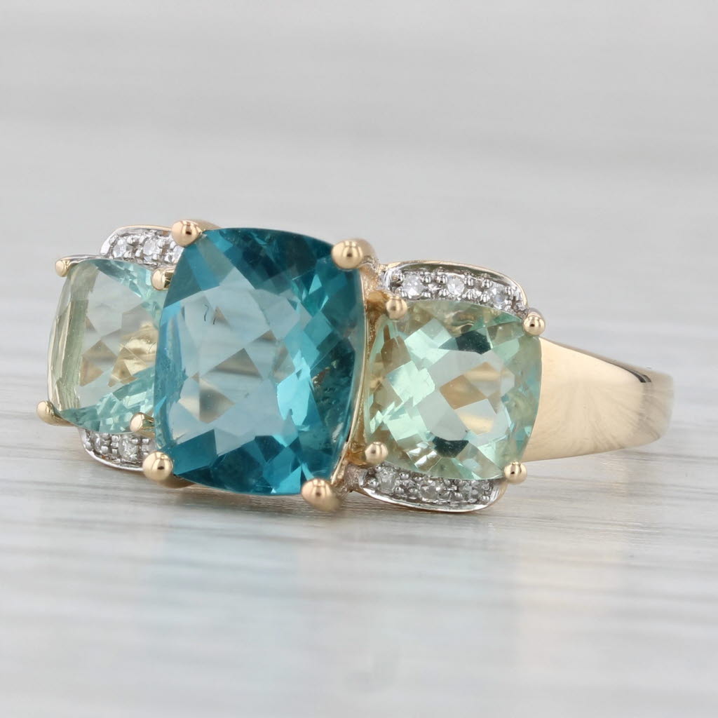 Light Gray 4.92ctw Fluorite 3-Stone Ring 14k Yellow Gold Diamond Accents Size 9.25