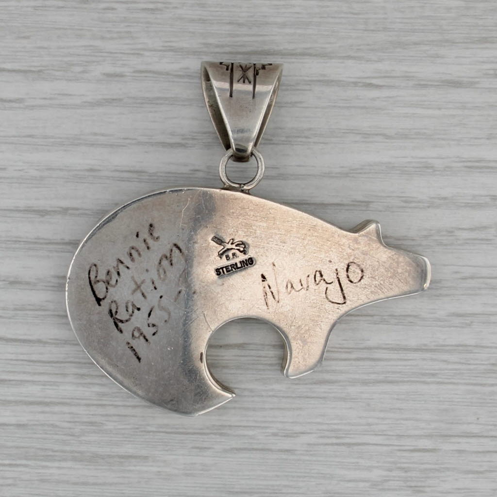 Navajo Turquoise Bear Pendant Sterling Silver Vintage Native American Ration