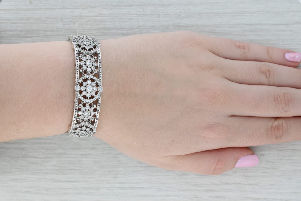 Gray Ornate Judith Ripka Flower Cuff Bracelet Sterling Silver Cubic Zirconia 6.5"