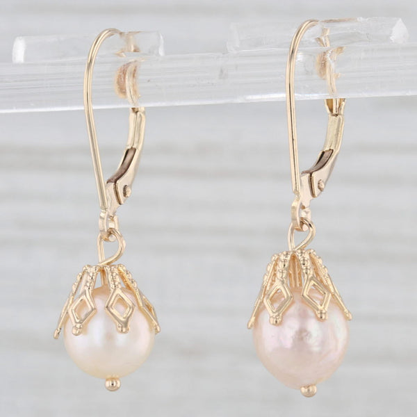 Vintage Cultured Pearl Dangle Earrings 14k Yellow Gold Lever Back
