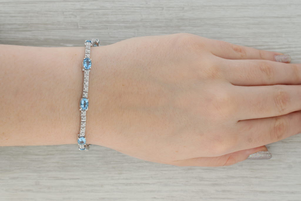 Dark Gray 5.75ctw Aquamarine Diamond Tennis Bracelet 14k White Gold 6.75"