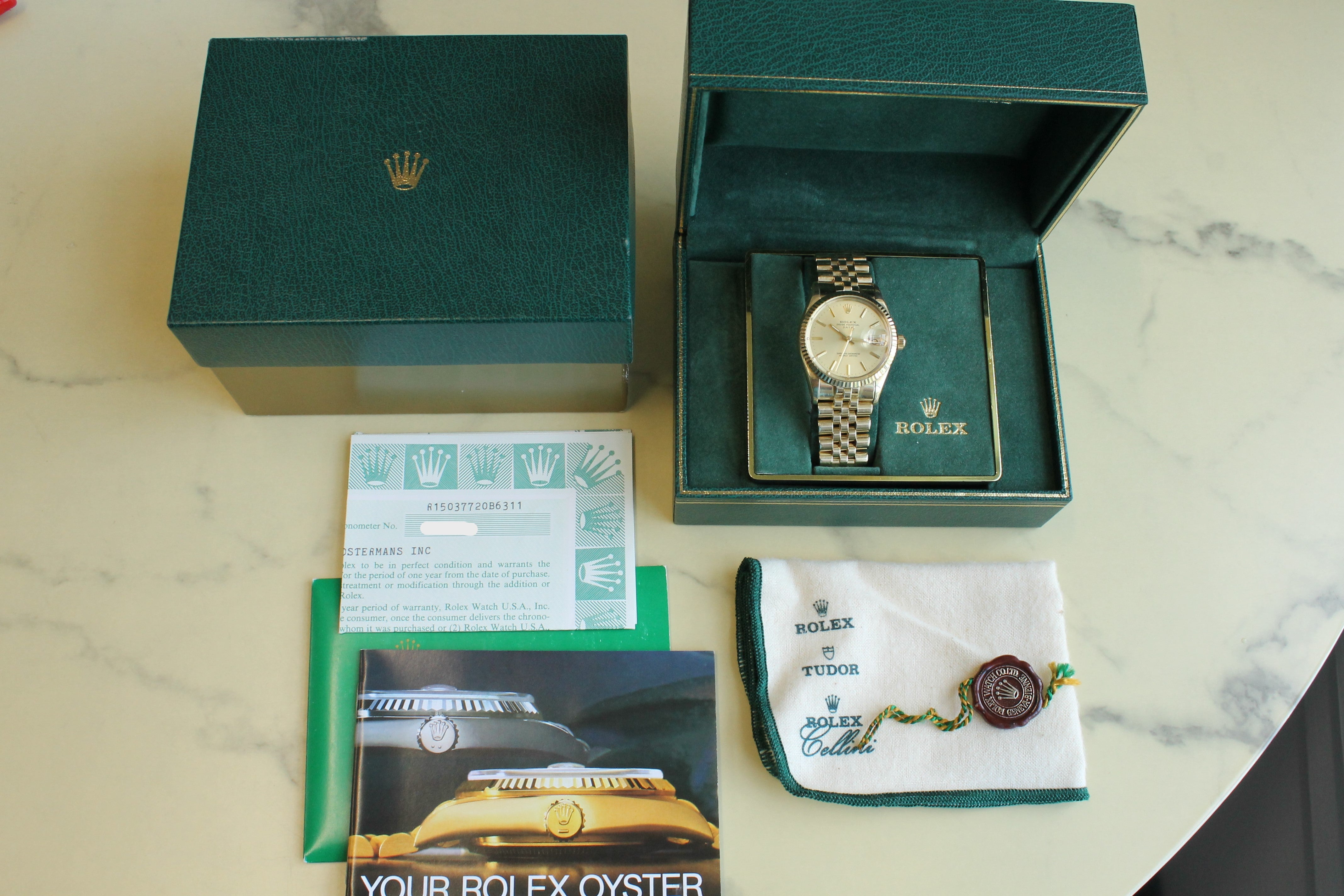 Gray Vintage 1981 Rolex Date 15037 34mm 14k Yellow Gold Automatic Watch Box Papers