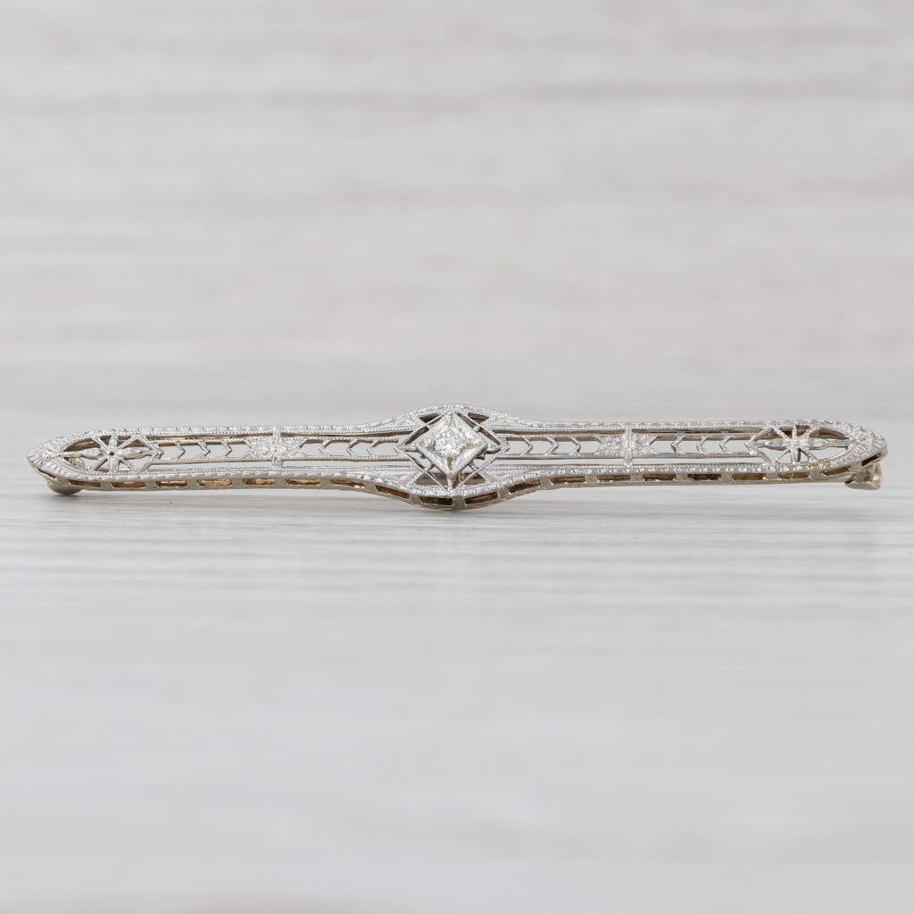 Vintage Art Deco Diamond Filigree Bar Pin Platinum 14k Gold Clasp Brooch