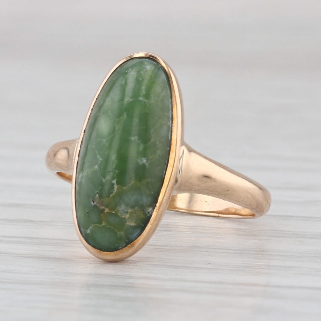 Vintage Green Faustite Ring Oval Cabochon 10k Yellow Gold Size 4.5