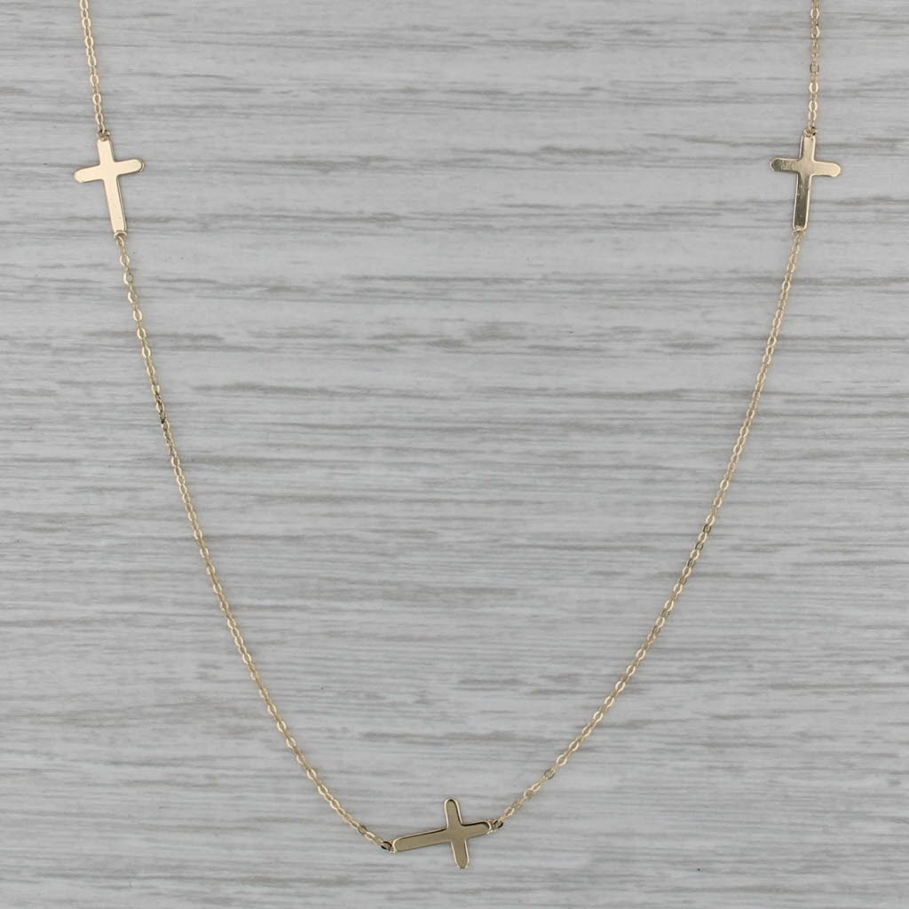 3 Cross Station Necklace 14k Yellow Gold 18" Fine Cable Chain