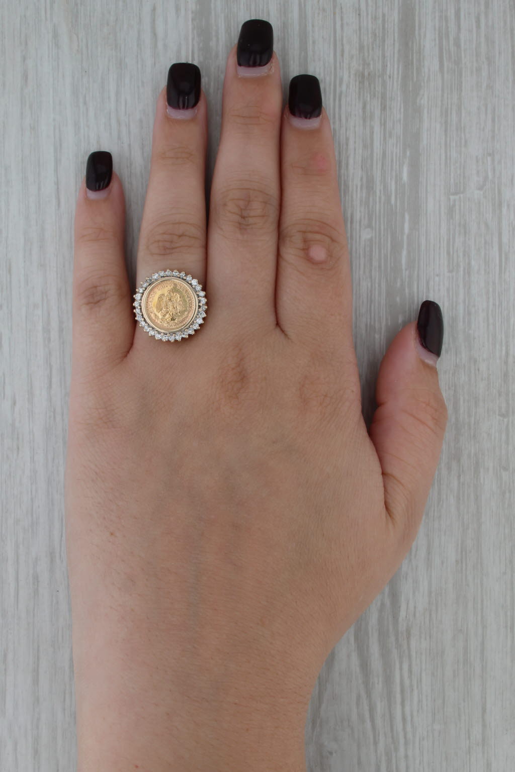 Diamond Bezel 1945 Dos Pesos Mexican Coin Ring 14k 900 Yellow Gold Size 7.75
