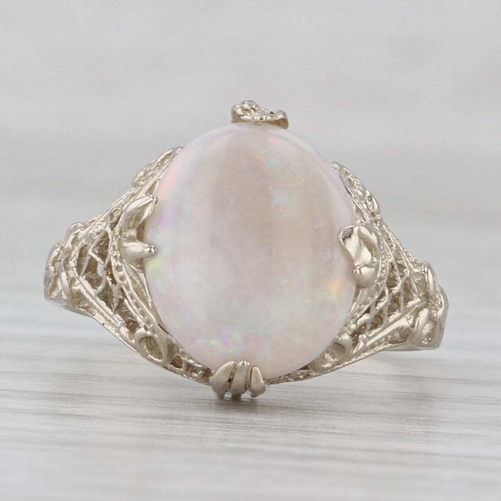 Gray Vintage Oval Cabochon Opal Solitaire Filigree Ring 14k White Gold Size 7.25