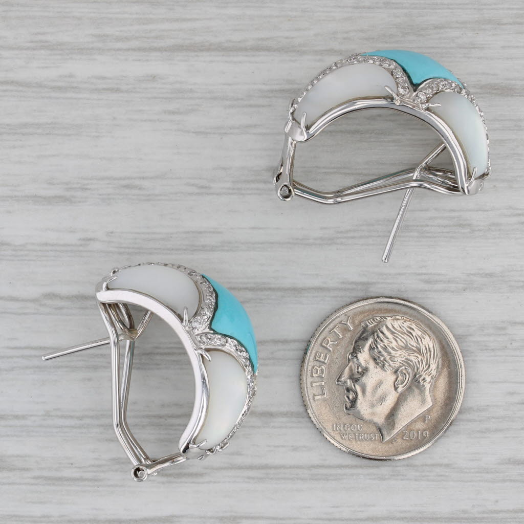 Gray Mother of Pearl Ceramic Diamond Drop Earrings 14k Gold Omega Backs