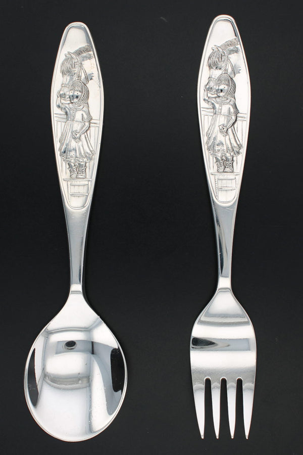 Girl Grooming Horse Elk Child's Spoon Fork Set Sterling Silver Period Figural