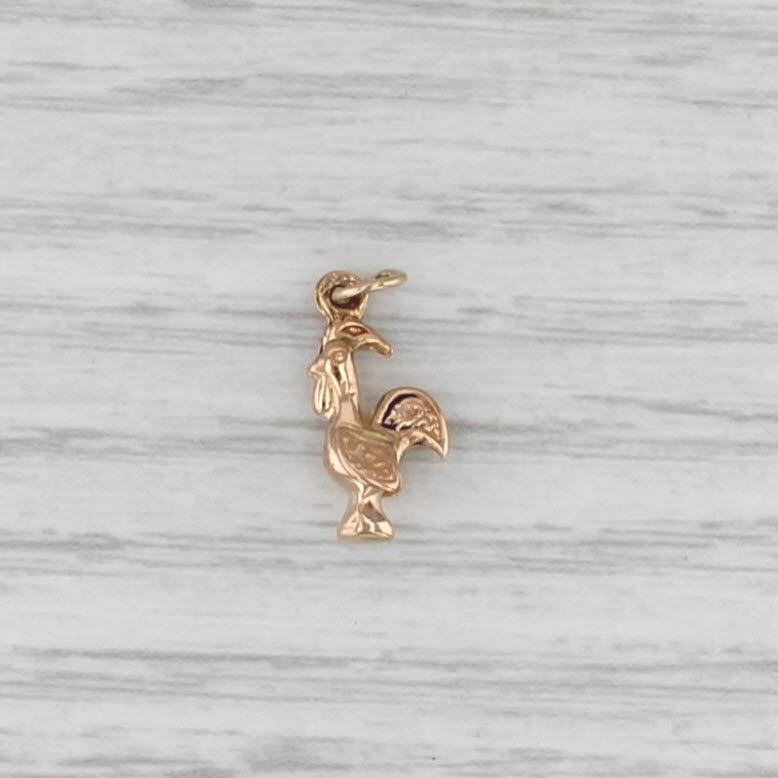 Small Rooster Charm 18k Yellow Gold Pendant Potugal 3D Farm Animal
