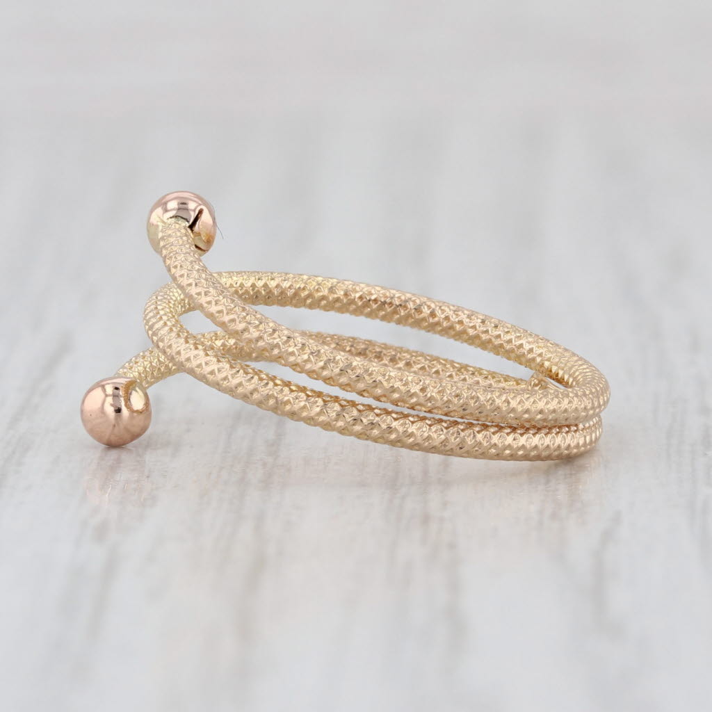 Coiled Bypass Ring 14k Yellow Gold Size 6.5 Bead Accented Etched Band
