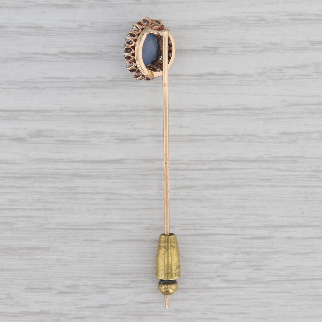 Gray Antique Star Sapphire Cabochon 0.74ctw Diamond Halo Stickpin 10-12k Gold Pin