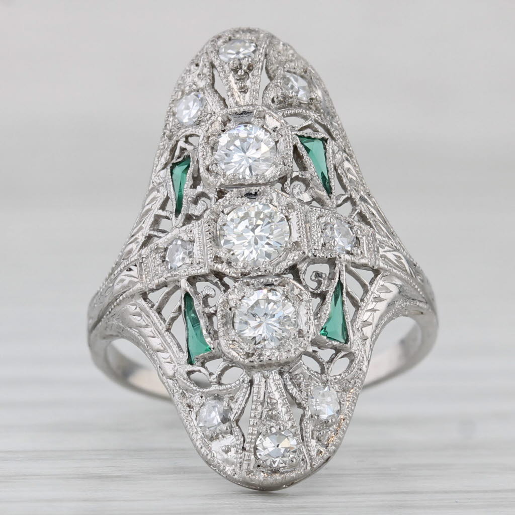 Gray Art Deco 0.40ctw Diamond Lab Created Emerald Ring Platinum Filigree Size 6