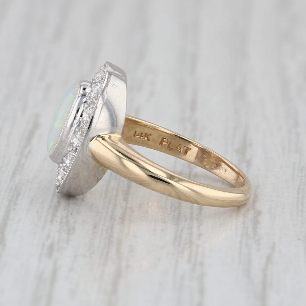 Vintage Opal Diamond Halo Ring 14k Yellow Gold Platinum Size 4