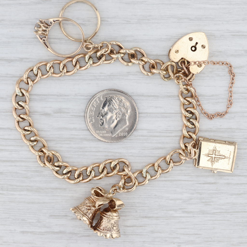 Vintage Bridal Themed Charm Bracelet 9k Gold 6.5" Curb Chain Ring Bible Bells
