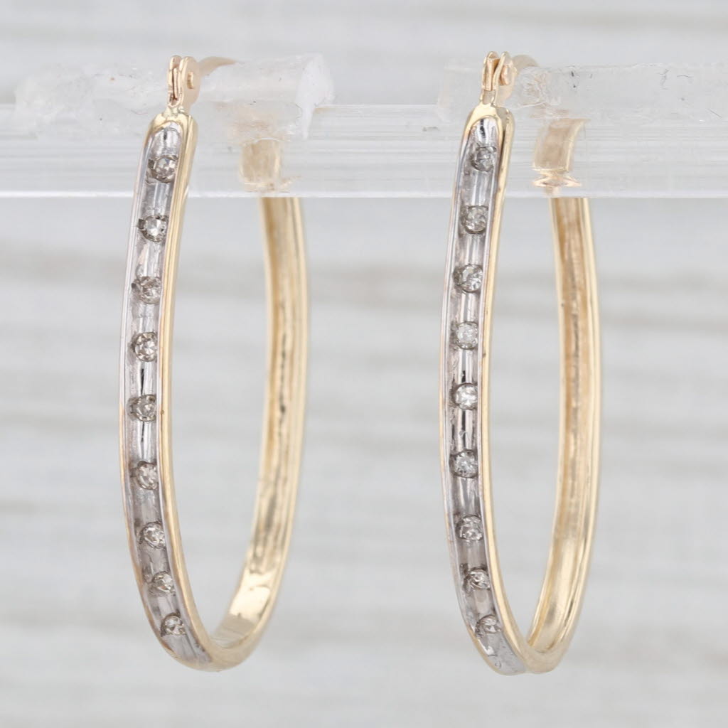 Light Gray Diamond Oval Hoop Earrings 10k Yellow Gold Snap Top Hoops