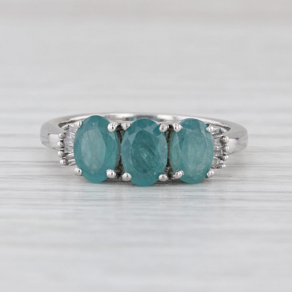 1.69ctw Teal Blue Topaz 3-Stone Ring 10k White Gold Size 5.25 Diamond Accents