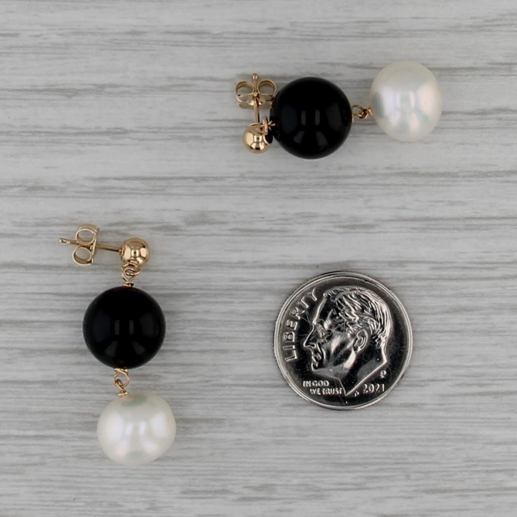 Onyx Pearl Bead Dangle Earrings 14k Yellow Gold Drops